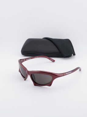Balenciaga BB0229S 005 Unisex Oval Sunglasses - Bordeaux / Grey